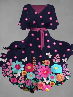 Vintage Floral Art Print Chic V-Neck Short Sleeve Midi Dress