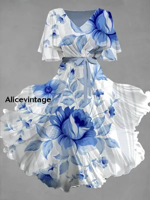 Vintage Floral Art Print Chic V-Neck Short Sleeve Midi Dress