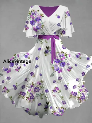 Vintage Floral Art Print Chic V-Neck Short Sleeve Midi Dress
