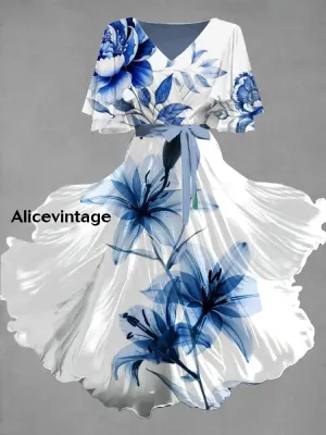 Vintage Floral Art Print Chic V-Neck Short Sleeve Midi Dress
