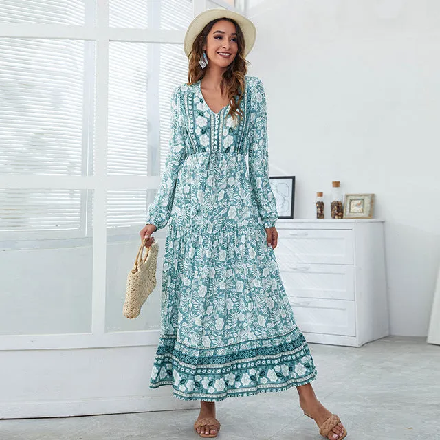 Vintage Floral Print Maxi Dresses for Women 2022 V-neck Long Sleeve Loose Casual Robe Printing High Waist Long Summer Dress