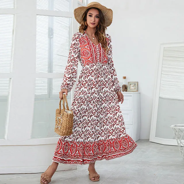 Vintage Floral Print Maxi Dresses for Women 2022 V-neck Long Sleeve Loose Casual Robe Printing High Waist Long Summer Dress