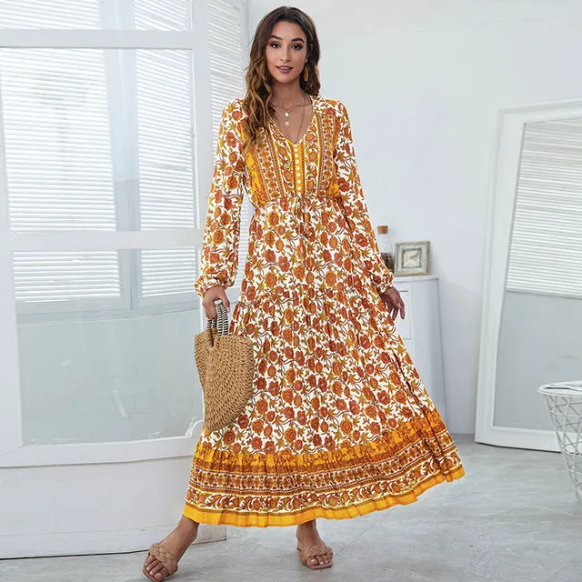 Vintage Floral Print Maxi Dresses for Women 2022 V-neck Long Sleeve Loose Casual Robe Printing High Waist Long Summer Dress