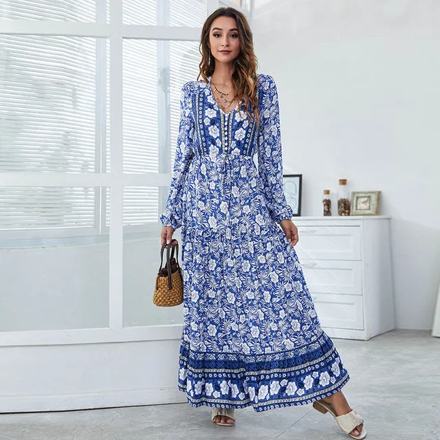 Vintage Floral Print Maxi Dresses for Women 2022 V-neck Long Sleeve Loose Casual Robe Printing High Waist Long Summer Dress