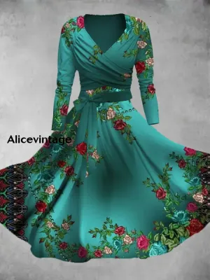Vintage Floral Print V-Neck Elegant Chic Midi Two-Piece Long Sleeve Dress