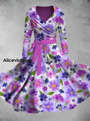 Vintage Floral Print V-Neck Elegant Chic Midi Two-Piece Long Sleeve Dress