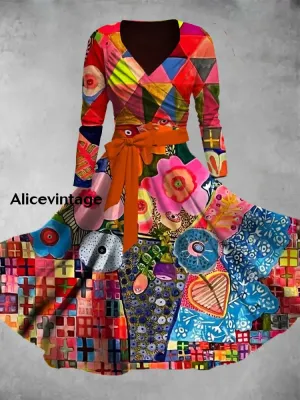 Vintage Floral Print V-Neck Elegant Chic Midi Two-Piece Long Sleeve Dress