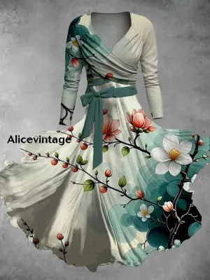 Vintage Floral Print V-Neck Elegant Chic Midi Two-Piece Long Sleeve Dress