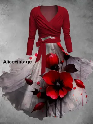 Vintage Floral Print V-Neck Elegant Chic Midi Two-Piece Long Sleeve Dress