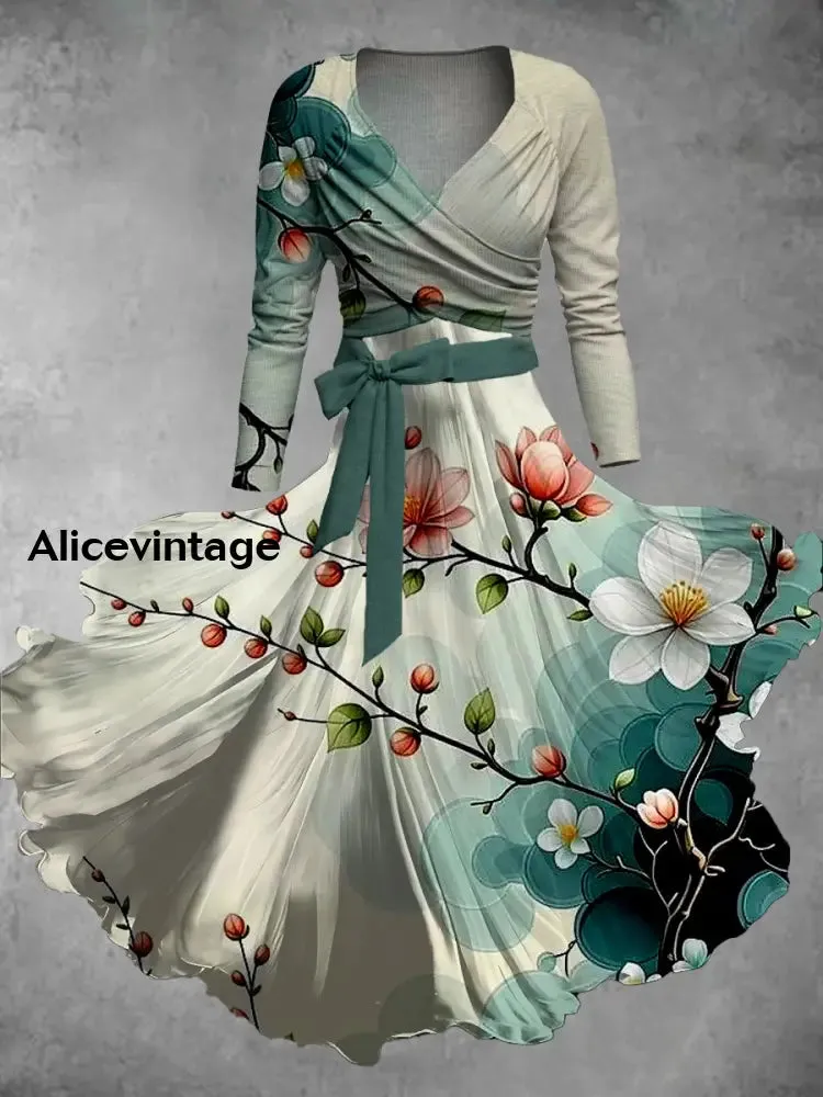 Vintage Floral Print V-Neck Elegant Chic Midi Two-Piece Long Sleeve Dress