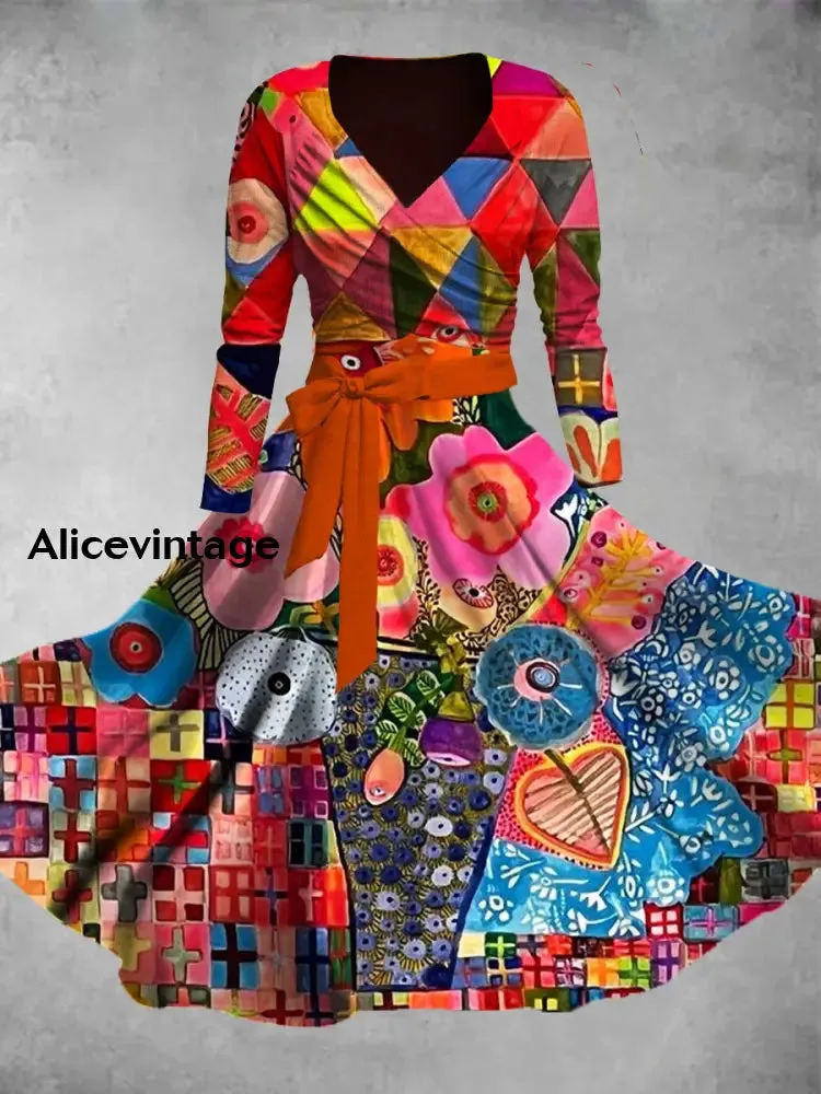 Vintage Floral Print V-Neck Elegant Chic Midi Two-Piece Long Sleeve Dress