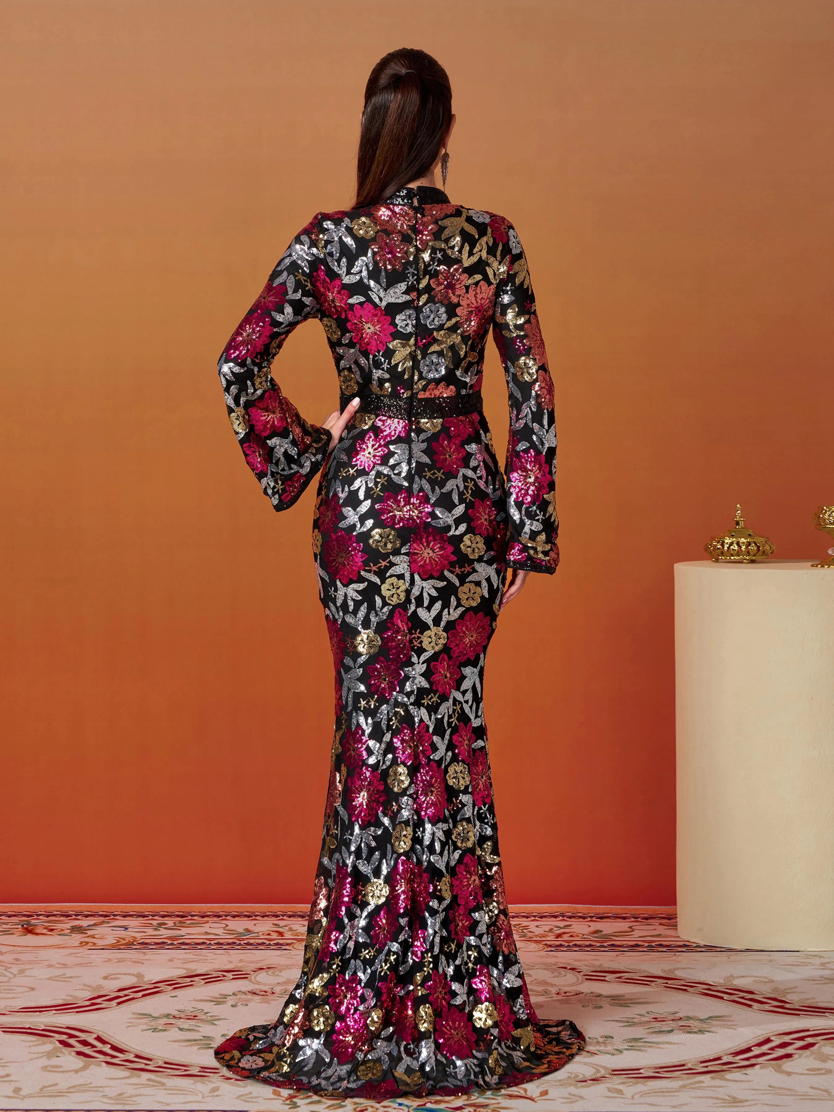 Vintage Floral Sequin Split Formal Dress GM00387