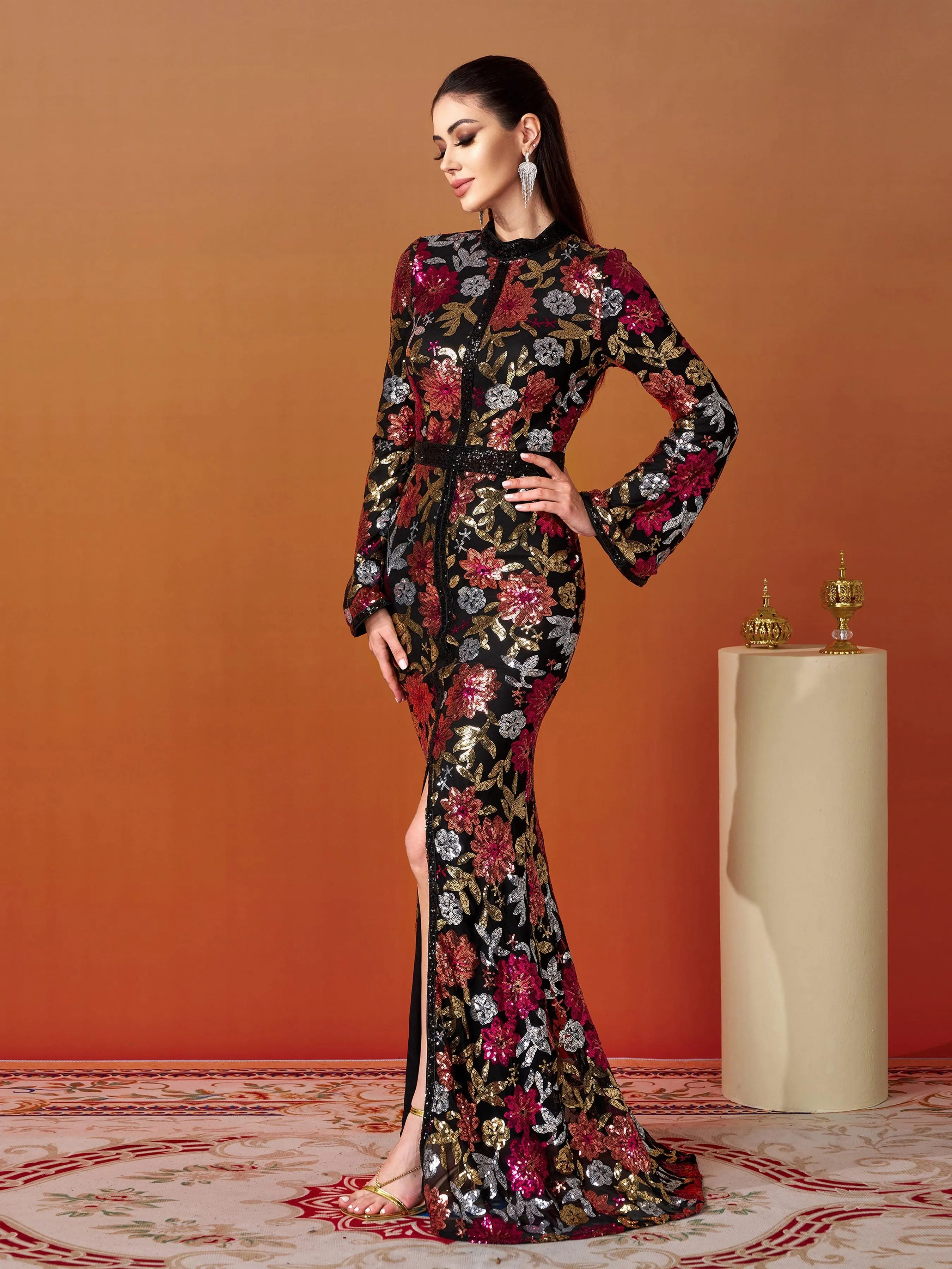 Vintage Floral Sequin Split Formal Dress GM00387