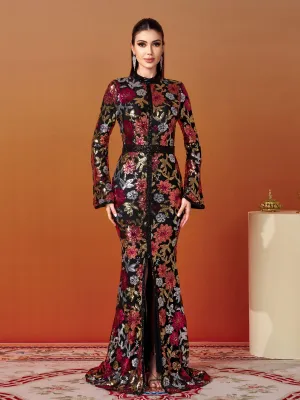 Vintage Floral Sequin Split Formal Dress GM00387