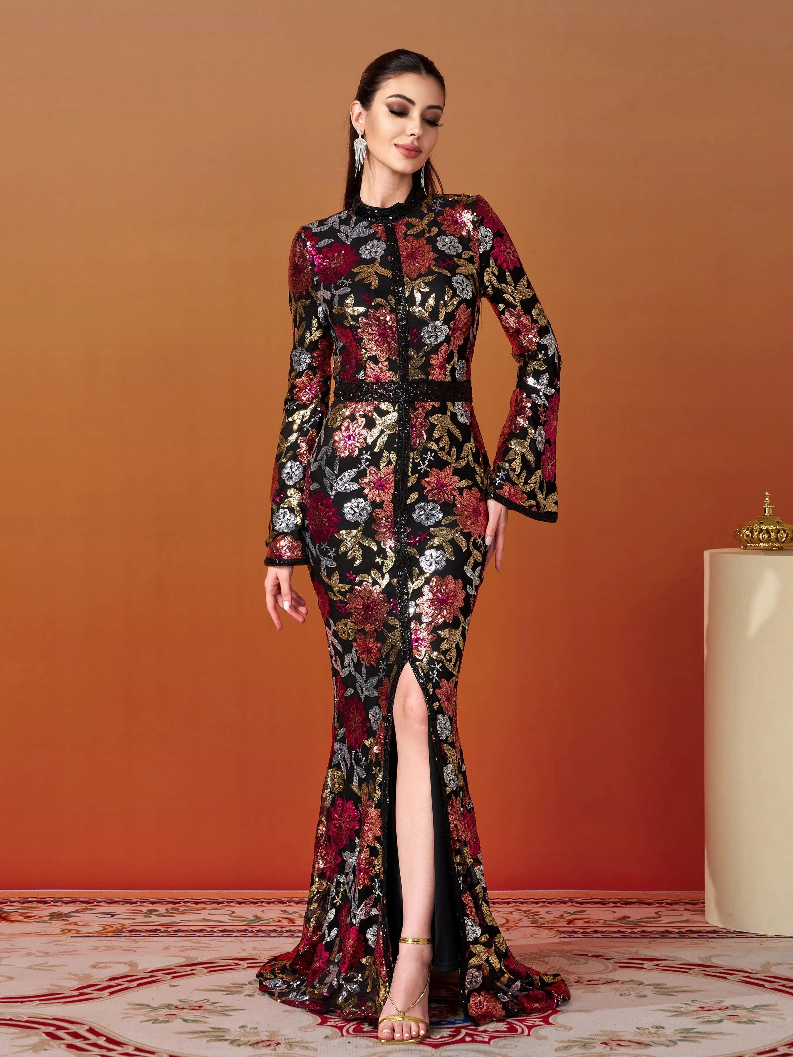 Vintage Floral Sequin Split Formal Dress GM00387