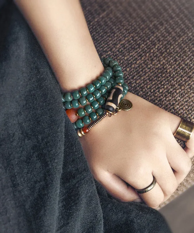 Vintage Green Copper Bodhi Beading Tassel Charm Bracelet GEM639