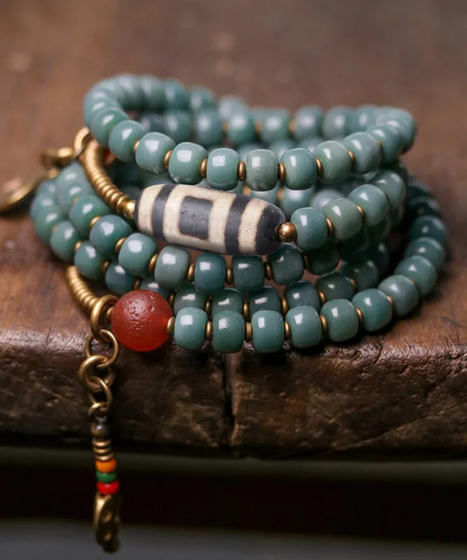 Vintage Green Copper Bodhi Beading Tassel Charm Bracelet GEM639