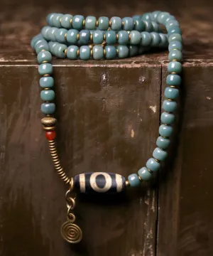 Vintage Green Copper Bodhi Beading Tassel Charm Bracelet GEM639