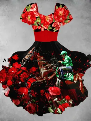 Vintage Horse Racing Floral Print V Neck Short Sleeve Midi Dress