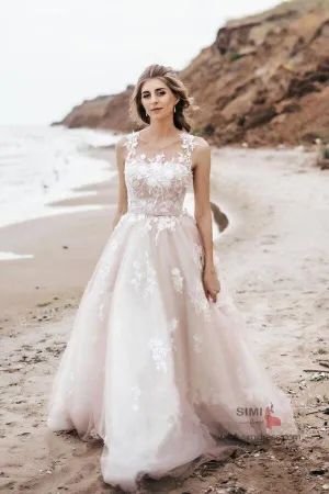 Vintage Ivory Lace A Line Tulle Illustion Neck Corset Back Wedding Dresses, SW393