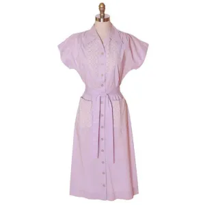Vintage Lavender Cotton House Dress 1940s Nice Details 38-26-42