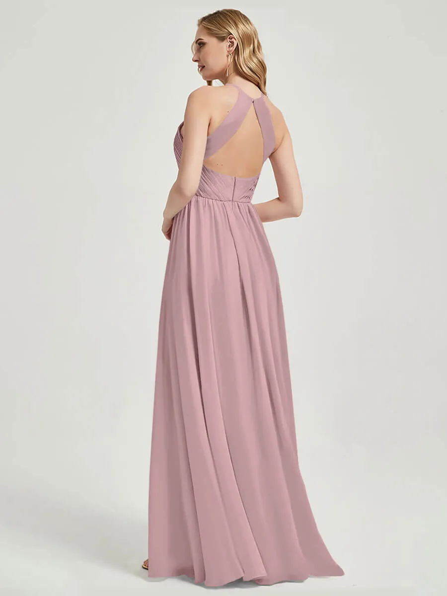 Vintage Mauve Halter Pleated Keyhole Back Chiffon Bridesmaid Dress