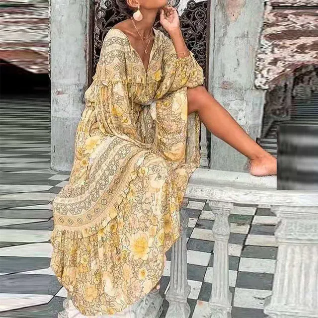 Vintage Pattern Printed Boho Maxi Long Sleeve Summer Dress