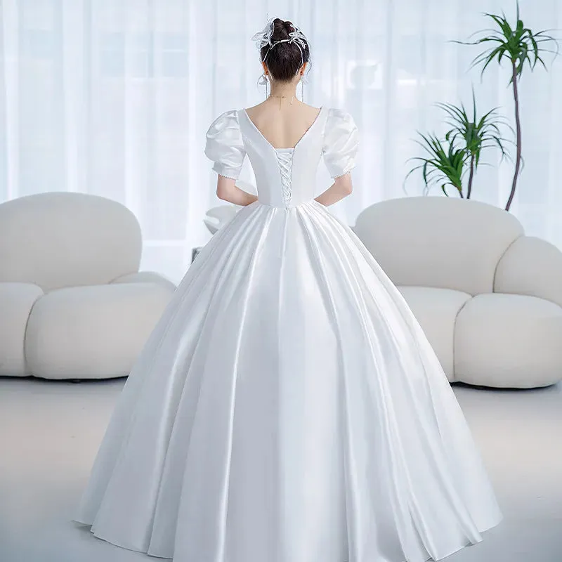 Vintage Princess Wedding Dress Satin Simple Wedding Gown Shining