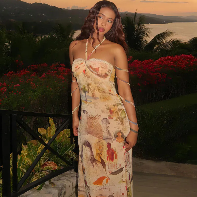 Vintage Print Halter Neck Fishtail Trim Sleeveless Maxi Dress - Apricot
