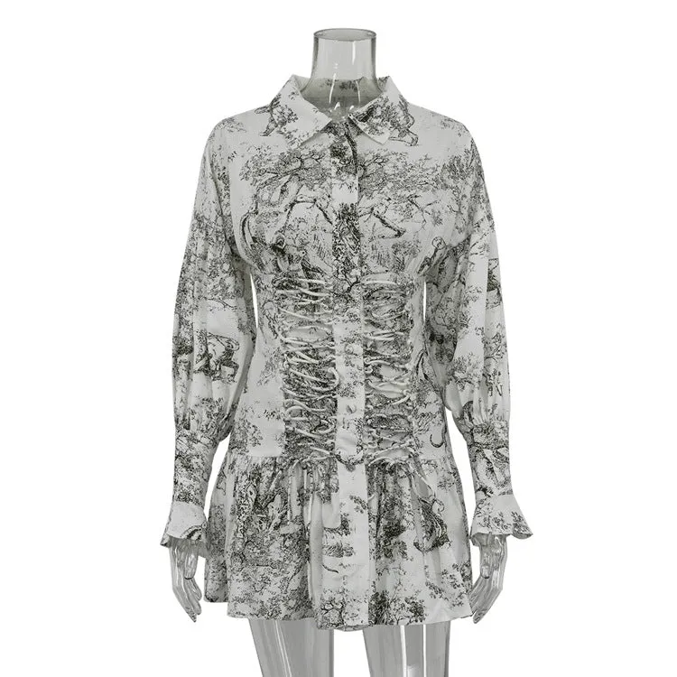 Vintage Print Ruched Long Sleeve Mini Dress