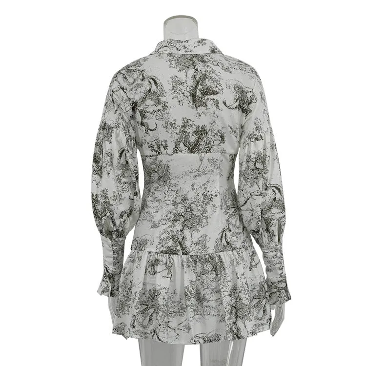 Vintage Print Ruched Long Sleeve Mini Dress
