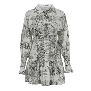Vintage Print Ruched Long Sleeve Mini Dress