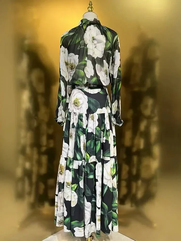 Vintage Printed Pullover Silk Shirt two-piece set