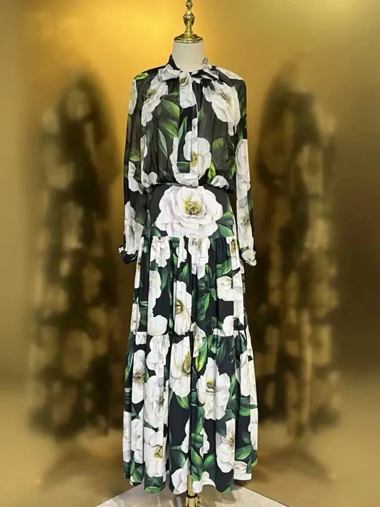 Vintage Printed Pullover Silk Shirt two-piece set