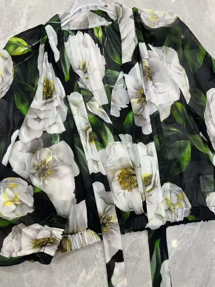 Vintage Printed Pullover Silk Shirt two-piece set