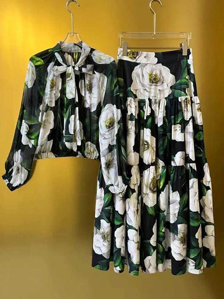 Vintage Printed Pullover Silk Shirt two-piece set