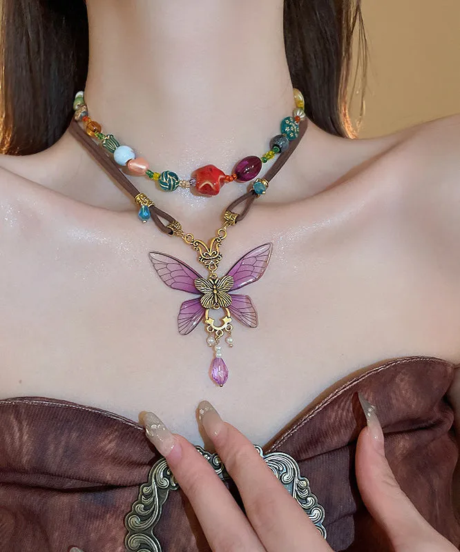 Vintage Purple Sterling Silver Alloy Crystal Butterfly Pendant Necklace