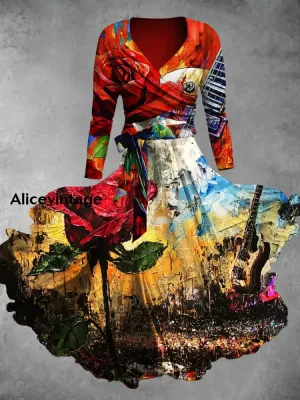 Vintage Rio Rock Festival Print V-Neck Elegant Chic Mid-Length Two-Piece Long-Sleeved Dress