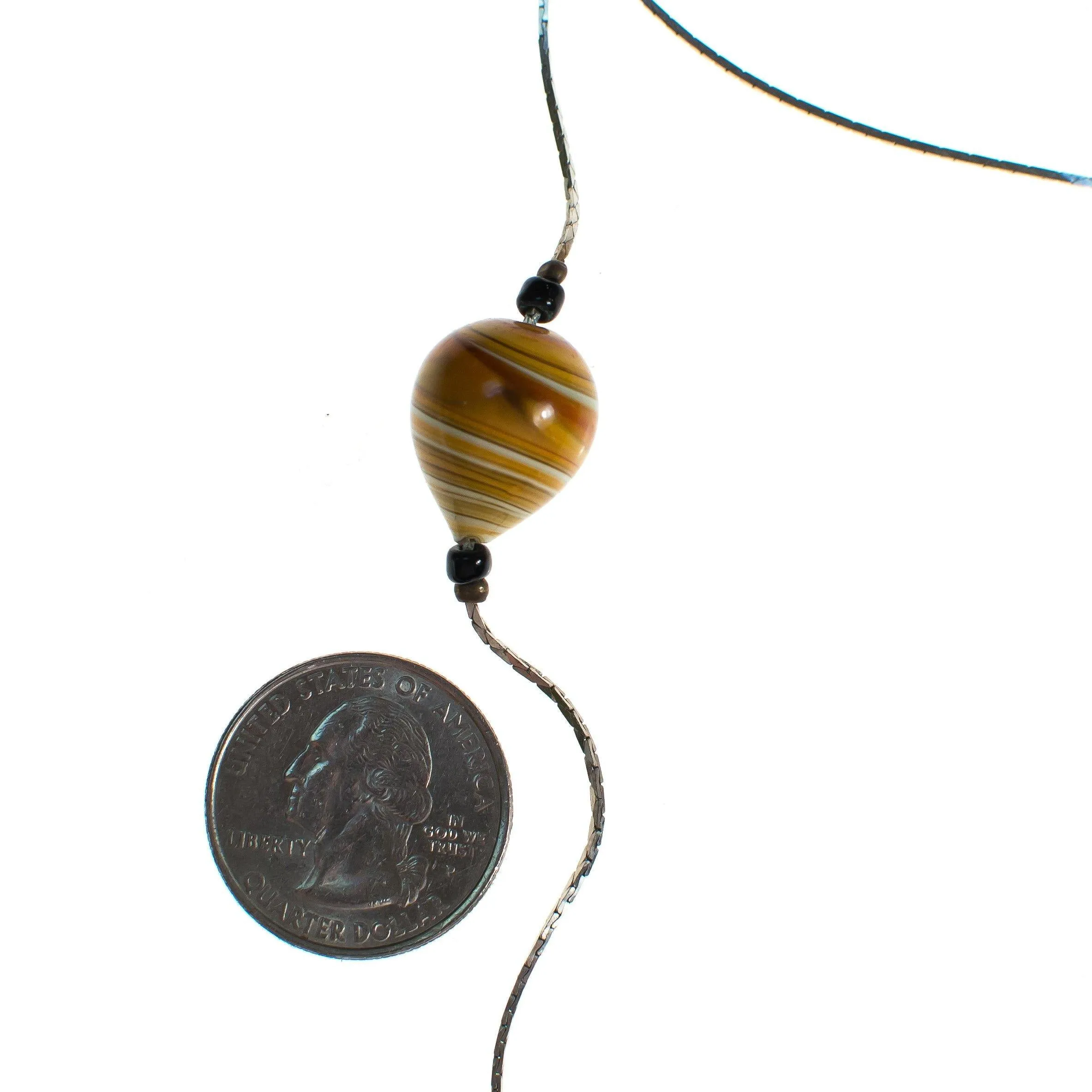 Vintage Sautoir Hand Blown Amber Glass Long Silver Necklace