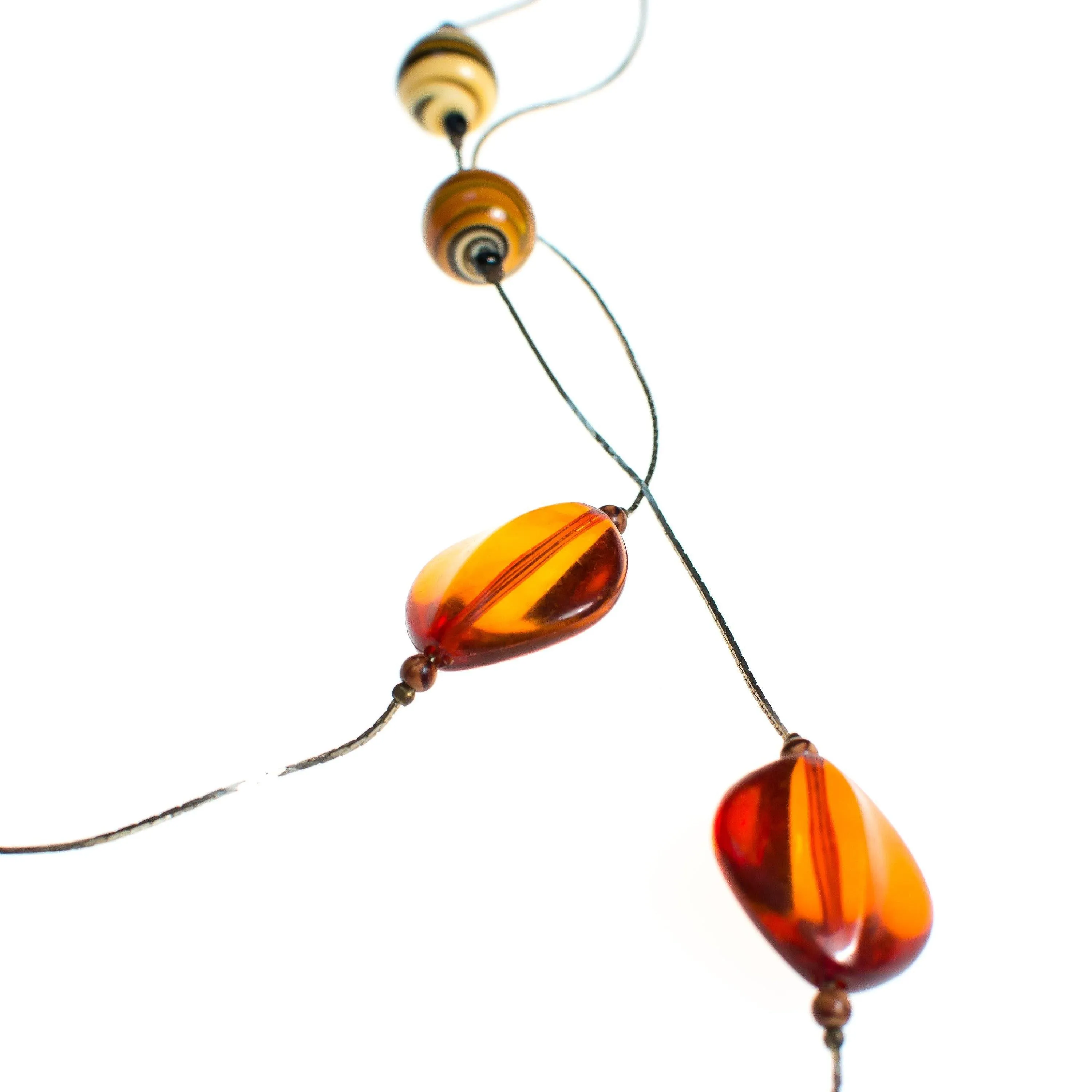 Vintage Sautoir Hand Blown Amber Glass Long Silver Necklace