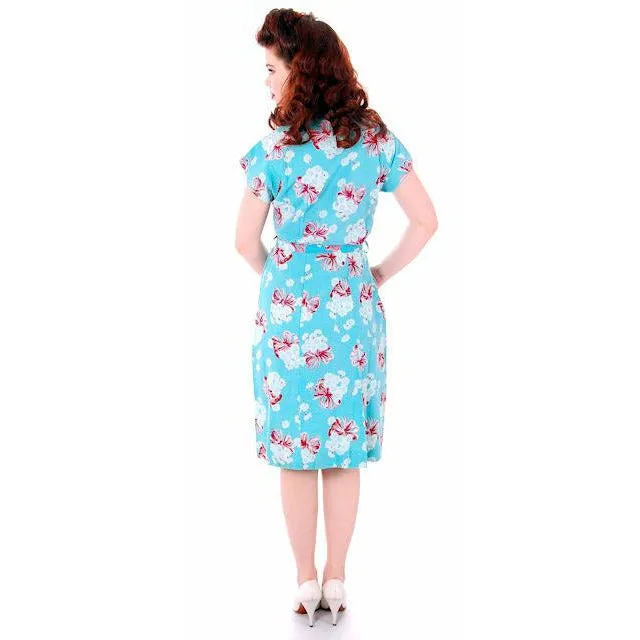 Vintage Seersucker Day Dress Turquoise Print Adorable Medium Early 1940s Stylecraft Frocks
