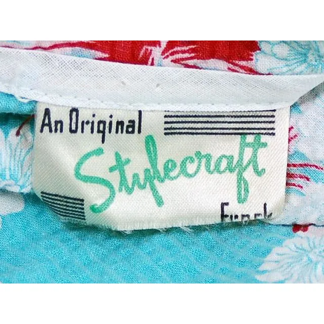 Vintage Seersucker Day Dress Turquoise Print Adorable Medium Early 1940s Stylecraft Frocks