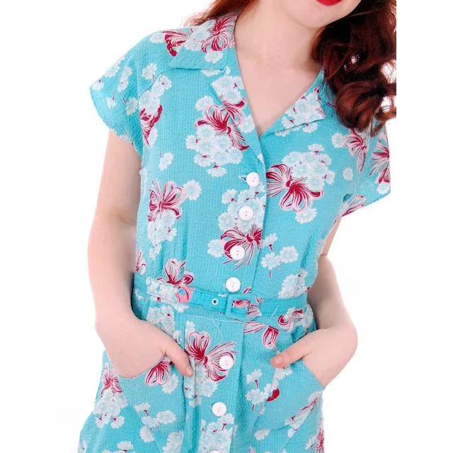 Vintage Seersucker Day Dress Turquoise Print Adorable Medium Early 1940s Stylecraft Frocks