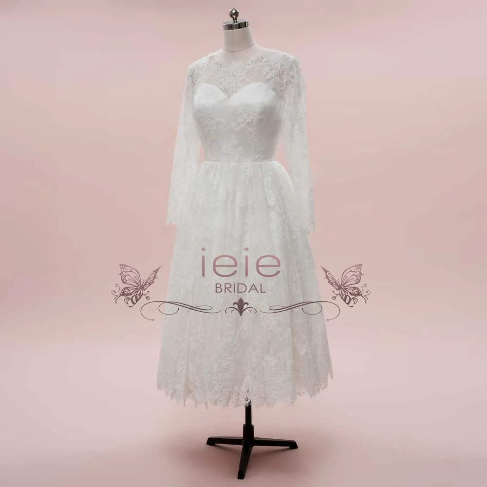 Vintage Short Tea Length Lace Wedding Dress with Long Sleeves HILDA