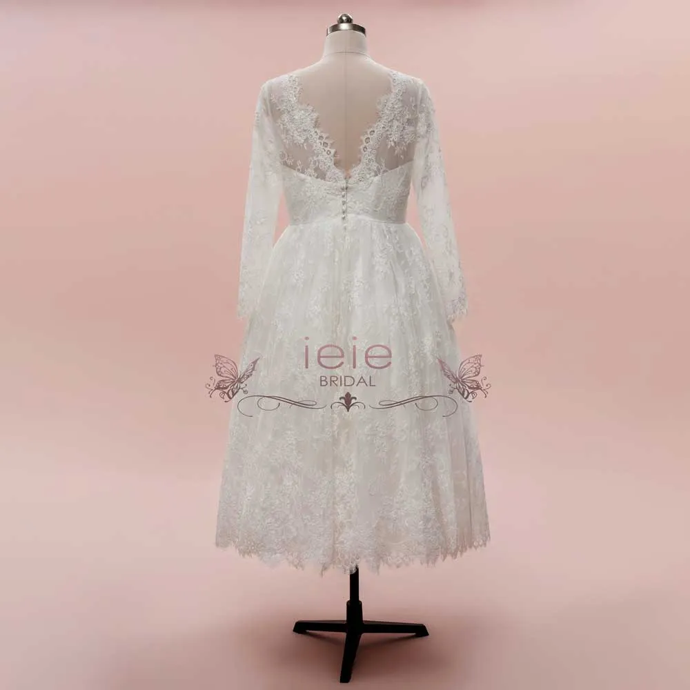 Vintage Short Tea Length Lace Wedding Dress with Long Sleeves HILDA