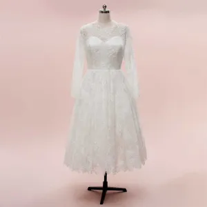 Vintage Short Tea Length Lace Wedding Dress with Long Sleeves HILDA