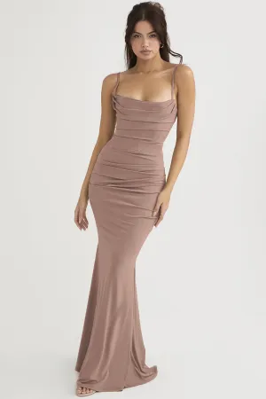 Vintage Square Neck Ruched Corset Fishtail Evening Maxi Dress - Khaki