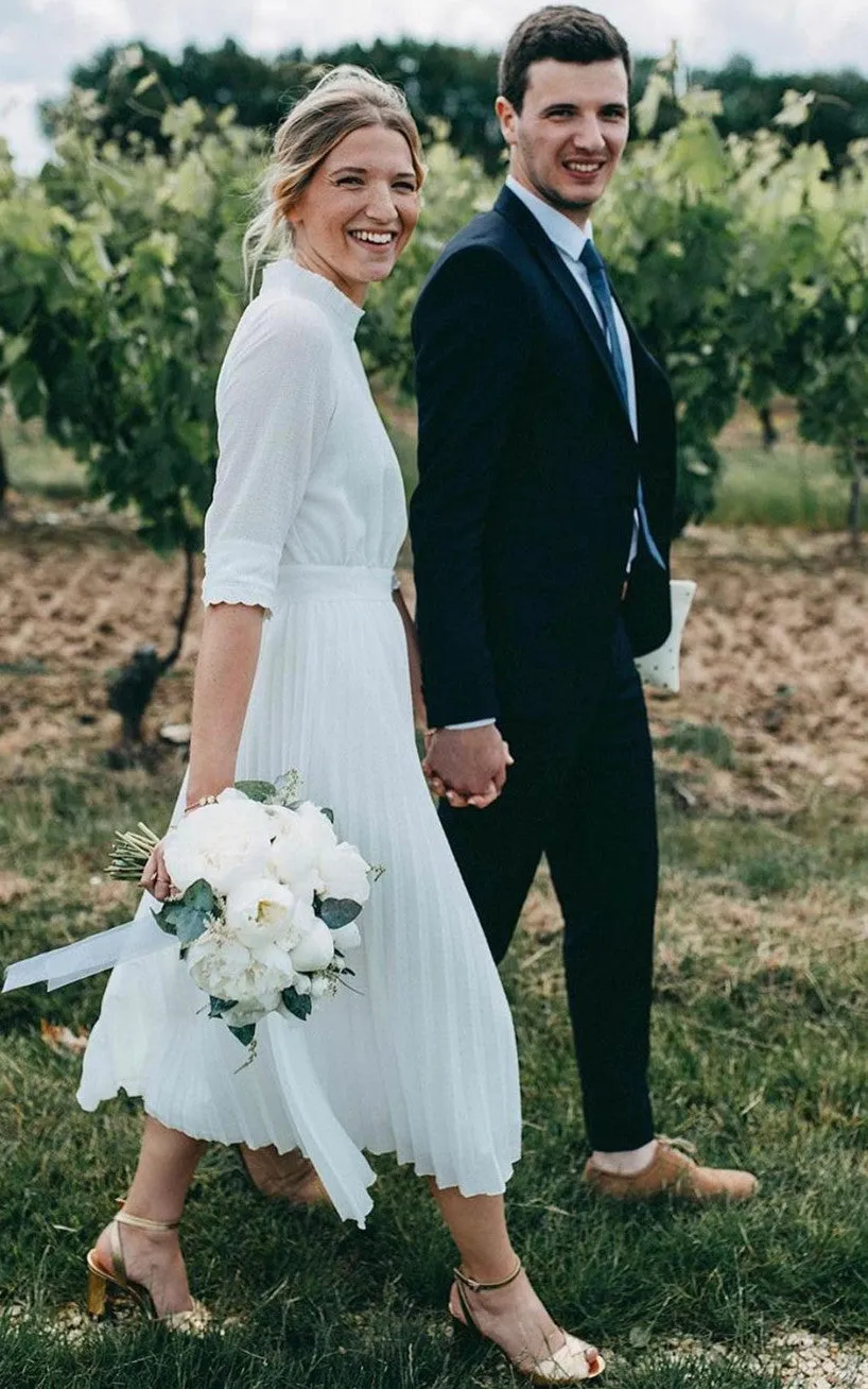 Vintage Tea-length A Line High Neck Tulle Wedding Dress with Pleats-716395