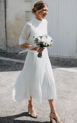 Vintage Tea-length A Line High Neck Tulle Wedding Dress with Pleats-716395