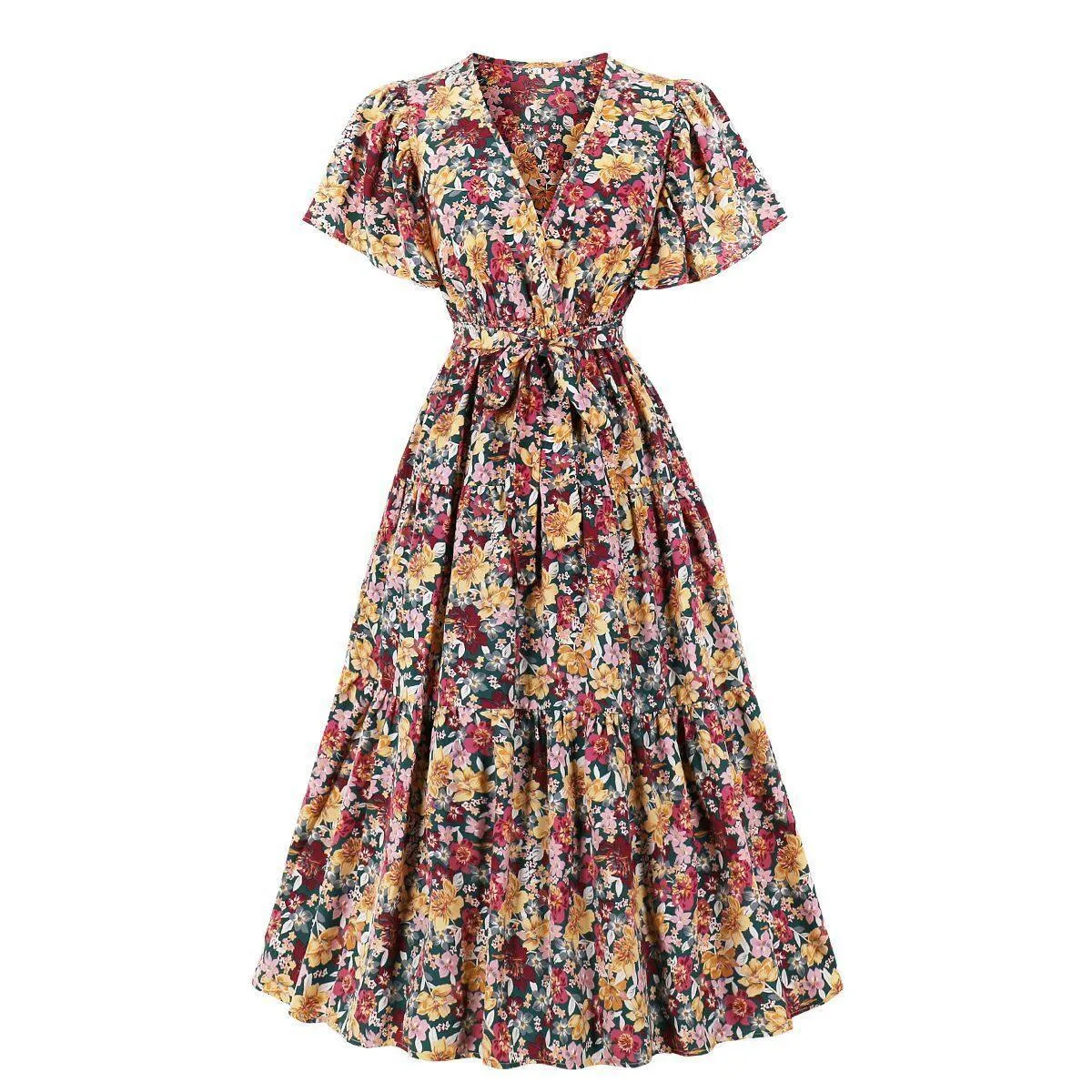 Vintage V Neck Short Sleeves Long Dress